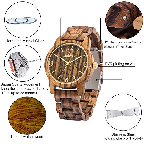 Relojes de madera Sentai Reloj de cuarzo artesanal para mujer y hombre Reloj de pulsera de madera vintage y clásico con esfera grande y figuras de metal correa ajustable gran regalo Marrón