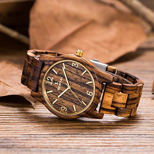 Relojes de madera Sentai Reloj de cuarzo artesanal para mujer y hombre Reloj de pulsera de madera vintage y clásico con esfera grande y figuras de metal correa ajustable gran regalo Marrón