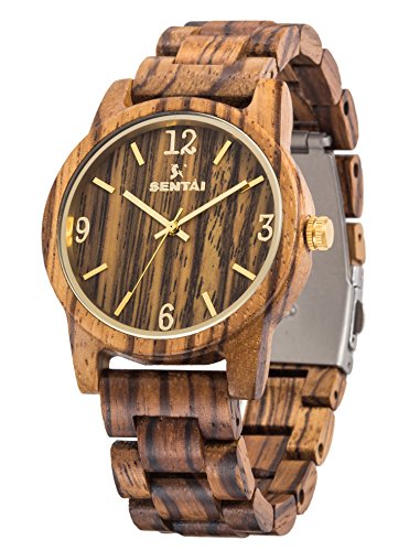 Relojes de madera Sentai Reloj de cuarzo artesanal para mujer y hombre Reloj de pulsera de madera vintage y clásico con esfera grande y figuras de metal correa ajustable gran regalo Marrón