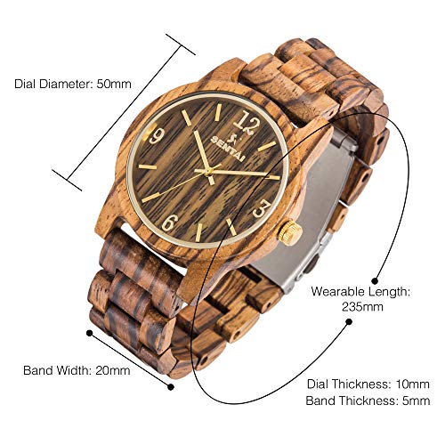 Relojes de madera Sentai Reloj de cuarzo artesanal para mujer y hombre Reloj de pulsera de madera vintage y clásico con esfera grande y figuras de metal correa ajustable gran regalo Marrón