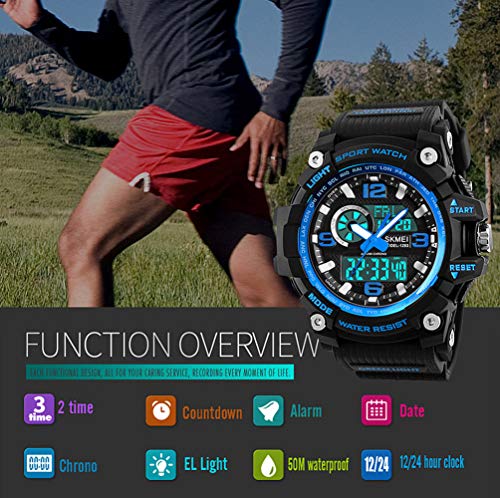 Relojes deportivos para hombre, resistente al agua digital militares relojes con cuenta atrás/Temporizador para los hombres niños grandes,LED de analógico relojes de pulsera para hombre – azul BHGWR