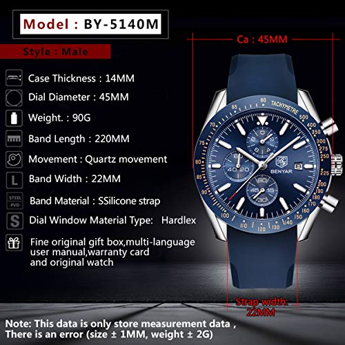Relojes Hombre BENYAR Cronógrafo Analógico Cuarzo 30M Impermeable Silicona Deportivo Diseño Casual de Negocios Relojes de Pulsera Regalo Elegante para Hombre
