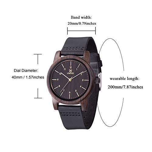 Relojes Madera Hombres, MUJUZE Natural de Madera Del Reloj de Cuero Reloj Único Texturas Regalos de Aniversario, Envía en Caja(Negro)
