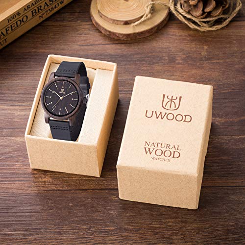 Relojes Madera Hombres, MUJUZE Natural de Madera Del Reloj de Cuero Reloj Único Texturas Regalos de Aniversario, Envía en Caja(Negro)