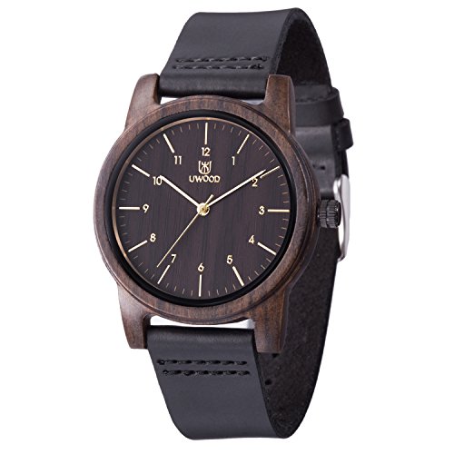 Relojes Madera Hombres, MUJUZE Natural de Madera Del Reloj de Cuero Reloj Único Texturas Regalos de Aniversario, Envía en Caja(Negro)