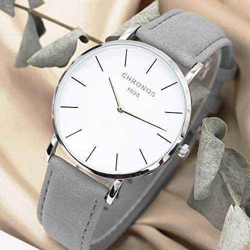 Relojes Mujer y Hombre Ultradelgado Cuero Clásico, Gris-Plata