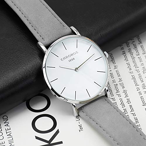 Relojes Mujer y Hombre Ultradelgado Cuero Clásico, Gris-Plata