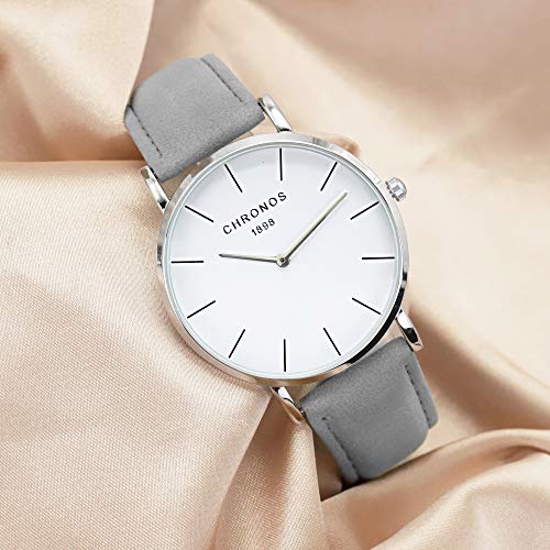 Relojes Mujer y Hombre Ultradelgado Cuero Clásico, Gris-Plata