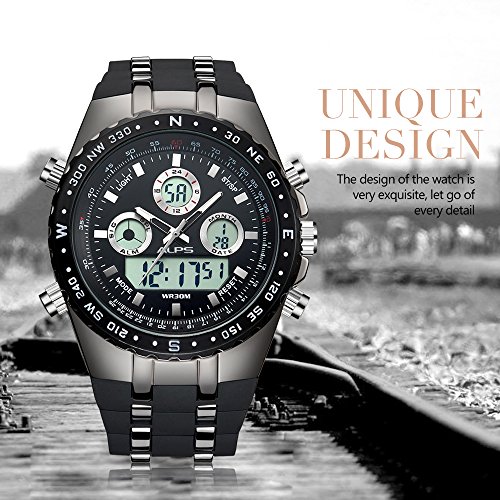 Reloj,Relojes Hombre, Reloj analógico Digital Moda Deportiva multifunción a Prueba de Agua Fecha de la Alarma de Goma Negro Reloj de Pulsera