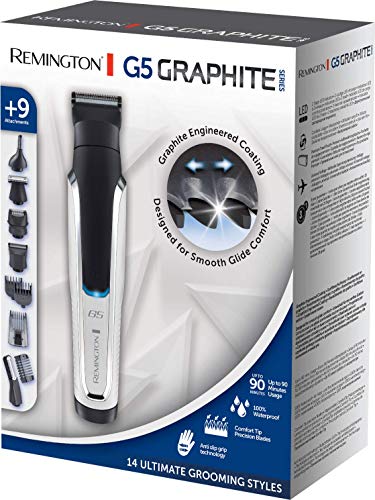 Remington G5 Graphite Series PG5000 - Recortador de Barba y Cortapelos, 9 Accesorios, Inalámbrico, Revestimiento de Grafito, para Vello Facial, Corporal y de Nariz, Blanco y Negro