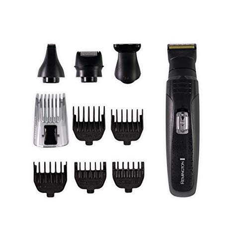 Remington PG6130 Groomkit - Recortador multifunción, cuchillas con revestimiento de titanio autoafilables, cuatro cabezales, inalámbrico, batería, negro