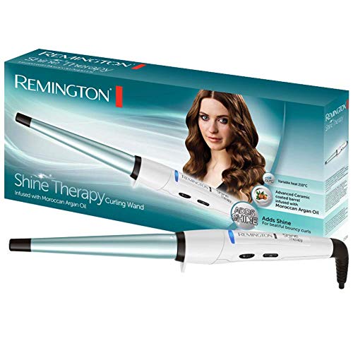 Remington Shine Therapy CI53W -Rizador de Pelo, Barril de Cerámica Avanzada con Aceite de Argán (13-25 mm), Blanco y Azul
