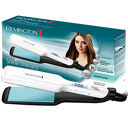 Remington Shine Therapy S8550 - Plancha de Pelo, Aceite de Argán, Cerámica, Digital, Placas Anchas, Resultados Profesionales, Blanco