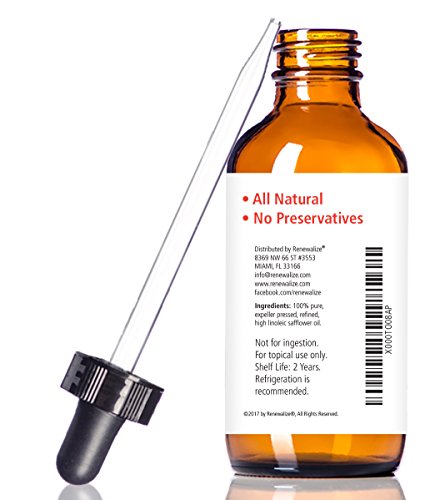 Renewalize Aceite de semilla de cártamo Hidratante Facial - 4 Oz. Cristal Oscuro botella con cuentagotas | Linoleico alta Régimen Suero Facial para el acné y la piel grasa 4 onzas