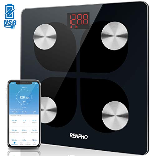 RENPHO Báscula de Grasa Corporal con Bluetooth - Báscula Elegante para Baño BMI Digital Escala, Analizador Recargable de Composición Corporal con USB y Aplicación