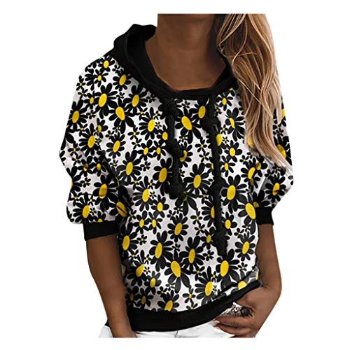 ReooLy Camisa de Entrenamiento, Sudadera con Capucha y Estampado navideño de Manga Larga para Mujer(Negro Floral，S)