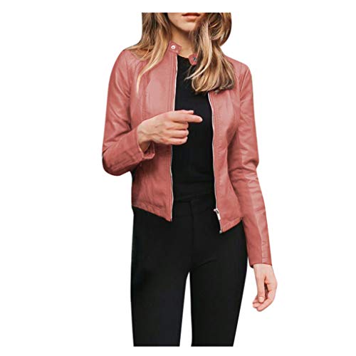 ReooLy Mujeres Damas Chaqueta de Motor de Solapa Abrigo con Cremallera Biker Short Punk Cropped Tops(Rosado,S)