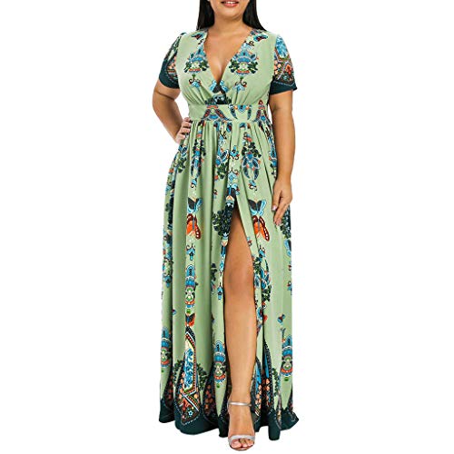 ReooLy Plus Size Moda Mujer Mariposa Impreso Cuello en V Manga Corta Casual Vestido Largo（C-Verde，L）