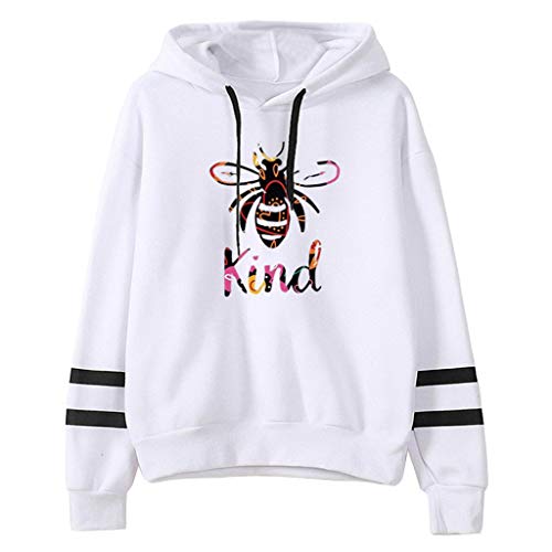 ReooLy Suéter con Capucha de Manga Larga con Bloques de Color y Barras paralelas con Estampado de Abejas Ladies(L-Blanco，XXL)