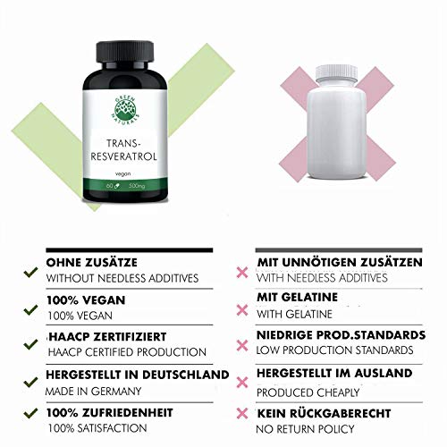 Resveratrol (60 cápsulas de 500mg) - 98% Extracto de raíz de Fallopia Japonica - Producción alemana - 100% Vegano y sin aditivos