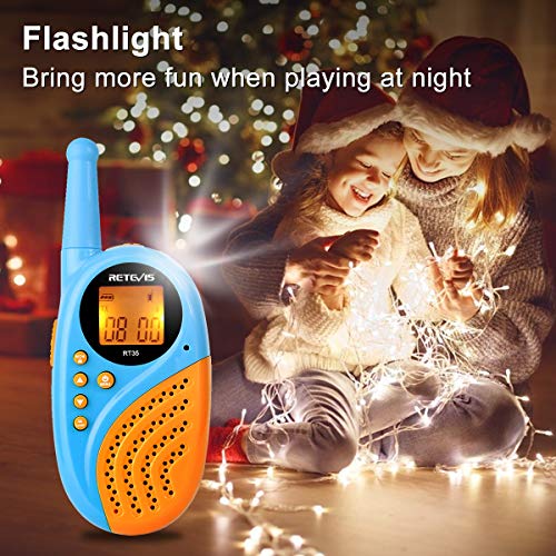 Retevis RT35 Walkie Talkie Niños Recargable PMR446 8 Canales VOX PC Material Anti-Caída 10 Tonos Linterna Reloj Digital Despertador con USB Cable y Baterías (Azul, 1 Par)