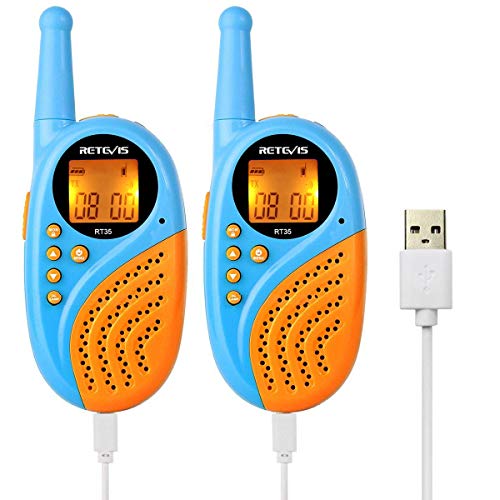 Retevis RT35 Walkie Talkie Niños Recargable PMR446 8 Canales VOX PC Material Anti-Caída 10 Tonos Linterna Reloj Digital Despertador con USB Cable y Baterías (Azul, 1 Par)