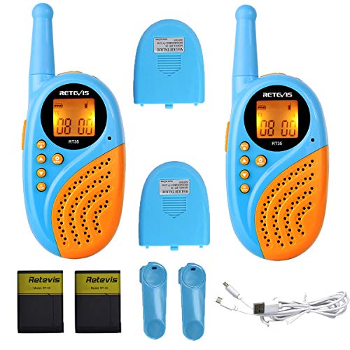 Retevis RT35 Walkie Talkie Niños Recargable PMR446 8 Canales VOX PC Material Anti-Caída 10 Tonos Linterna Reloj Digital Despertador con USB Cable y Baterías (Azul, 1 Par)