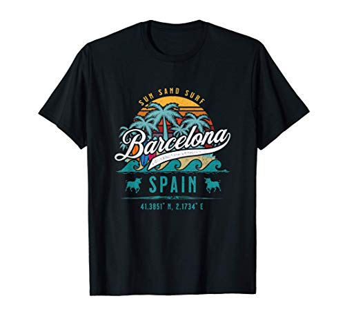 Retro Barcelona Spain Catalonia Beach Sun Sand Surf Palms Camiseta