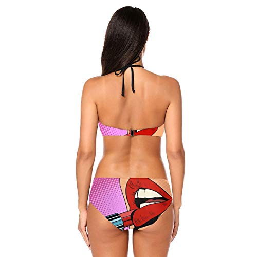 Retro Comic Pop Art Chica aplicando lápiz labial rojo concepto de maquillaje semitono sexy traje de baño para mujer niña de dos piezas traje de baño Halter Bikini Set de traje de baño Negro Negro ( L