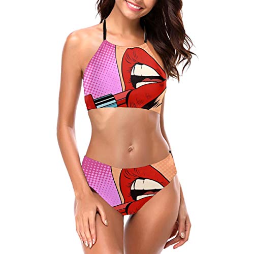 Retro Comic Pop Art Chica aplicando lápiz labial rojo concepto de maquillaje semitono sexy traje de baño para mujer niña de dos piezas traje de baño Halter Bikini Set de traje de baño Negro Negro ( L