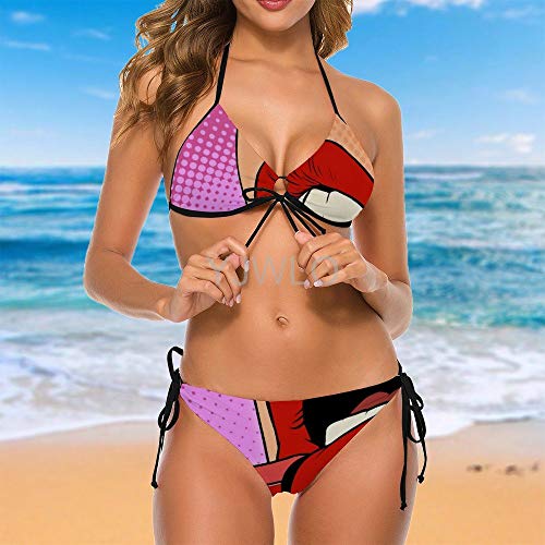 Retro Comic Pop Art Girl Aplicando lápiz labial rojo Concepto de maquillaje Halftone Mujer Playa Bikini de 2 piezas Halter acolchado traje de baño tankini Set