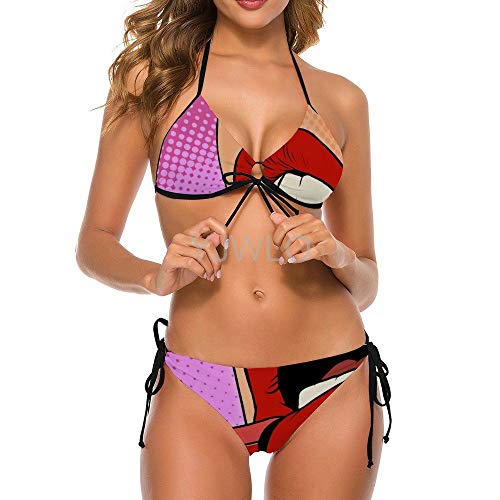 Retro Comic Pop Art Girl Aplicando lápiz labial rojo Concepto de maquillaje Halftone Mujer Playa Bikini de 2 piezas Halter acolchado traje de baño tankini Set