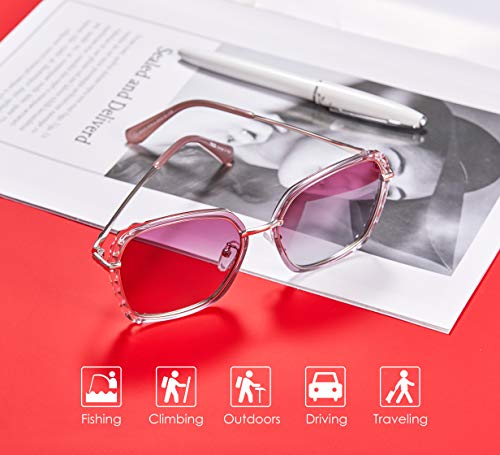 Rezi Gafas de Sol Mujer Polarizadas, Gafas de Sol Hombres y Mujeres Retro Vintage, Lente de nylon 100% protección UVA/UV 400, Marco Metal (8807-Onda-Rosa)