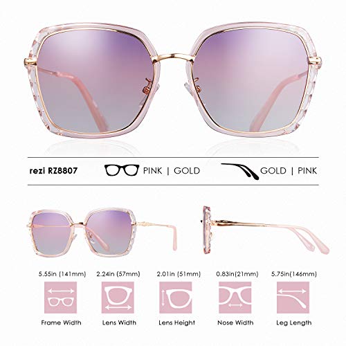 Rezi Gafas de Sol Mujer Polarizadas, Gafas de Sol Hombres y Mujeres Retro Vintage, Lente de nylon 100% protección UVA/UV 400, Marco Metal (8807-Onda-Rosa)