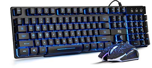 Rii RK108 Packs de Teclado y Ratón Gaming, Combo de Teclado y Ratón Avanzado Silencioso Tamaño Completo con USB Cable para Computadora Portátil, PC, QWERTY Español