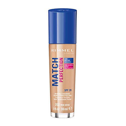 Rimmel London Match Perfection 203, Foundation Base de Maquillaje con SPF20, True Beige, 123 g