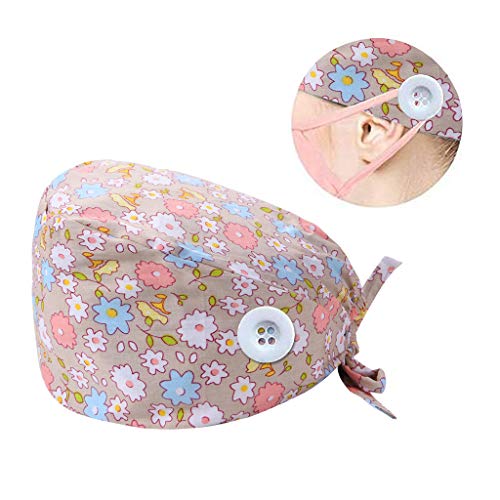 riou Gorro Quirúrgico para Hombres y Mujeres Botón Flor Corbata Algodón Gorro Quirofano Reutilizable Gorro de Cirugía para Pelo Largo Corto Gorro de Trabajo