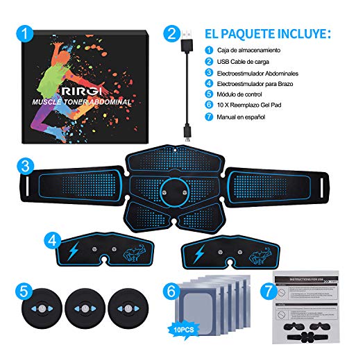 RIRGI Electroestimulador Muscular Abdominales,Electroestimulador Muscular USB Recargable, 6 Modos y 10 Niveles de Intensidad para Abdomen/Cintura/Pierna/Brazo (Incluyendo 14PCS Reemplazo Gel Pad)