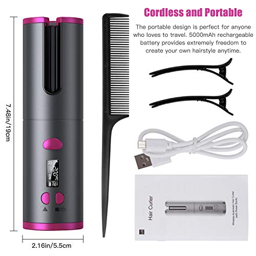 Rizador de Pelo automático inalámbrico, barril de cerámica de calentamiento rápido con temperatura y temporizador ajustables, pantalla LCD y varilla de rizado de cabello anti-enredos recargable USB