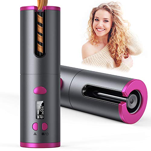 Rizador de Pelo automático inalámbrico, barril de cerámica de calentamiento rápido con temperatura y temporizador ajustables, pantalla LCD y varilla de rizado de cabello anti-enredos recargable USB