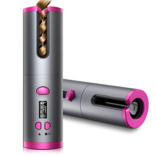 Rizador de Pelo Automático Inalámbrico, Pantalla LCD y Temporizador, 6 Temperaturas Ajustables, Rizador de Cabello con Cerámica de Calentamiento Rápido Avanzado, Rizador Portátil