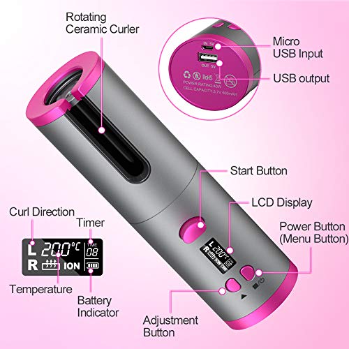 Rizador de Pelo automático inalámbrico, rizador de cabello portátil recargable USB con revestimiento de cerámica y 6 ajustes de temperatura, rizador inteligente con anti-escaldado completo