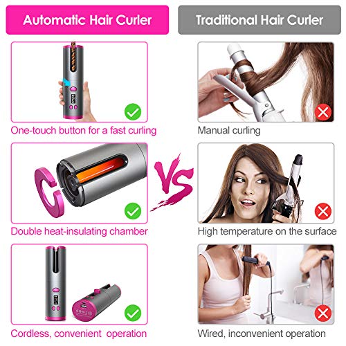 Rizador de Pelo automático inalámbrico, rizador de cabello portátil recargable USB con revestimiento de cerámica y 6 ajustes de temperatura, rizador inteligente con anti-escaldado completo