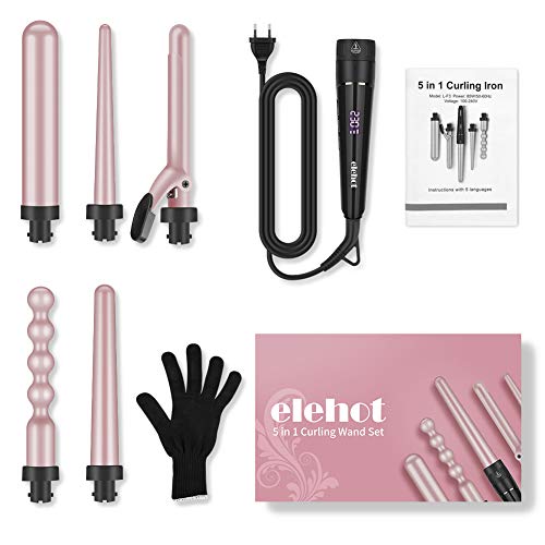 Rizador Pelo Profesional 5 en 1 Con Indicador LCD Temperatura Ajustable 80 ° C - 230 ° C Barras Recambiables de ELEHOT