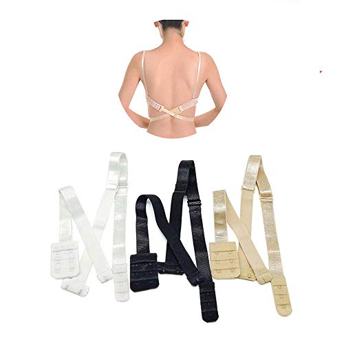 Rmeet Extensores de Sujetador,3 Pack Mujeres Convertidores de Sujetador con 1/2 Ganchos Ajustable Baja Tirantes de Sujetador Extensor para Sin Espalda Boda Vestido Negro Blanco Desnudo 1.9CM