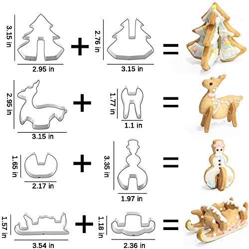RMENOOR 16Pcs Molde de Galletas Navideñas de Acero Inoxidable 3D Molde Galletas DIY Cortadores de Galletas Navidad con Diversión Kit de Moldes de Galletas de Árbol Muñeco de Nieve Alce Trineo Navideño