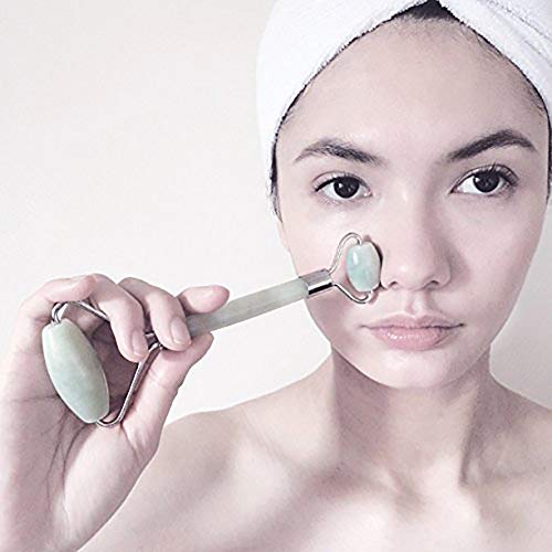 Rodillo antienvejecimiento, terapia de rodillo de jade 100% natural, rodillo facial de doble cuello, masajeador de adelgazamiento (rodillo de jade) – Incluye muestra de suero facial gratis