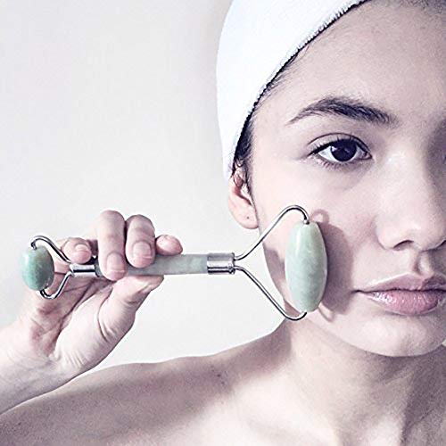 Rodillo antienvejecimiento, terapia de rodillo de jade 100% natural, rodillo facial de doble cuello, masajeador de adelgazamiento (rodillo de jade) – Incluye muestra de suero facial gratis