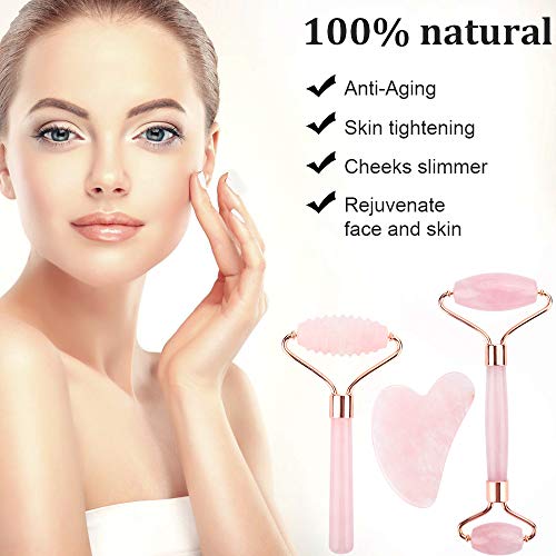 Rodillo de jade Deciniee, rodillo facial con juego de regalo de Gua Sha, juego de 6 piezas, herramienta de masaje de piel 100% natural de cuarzo rosa, rodillo facial para adelgazar y reafirmar rosa