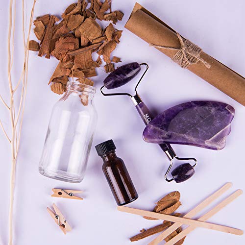 Rodillo de Jade, Gua Sha y Pincel - Set de Masaje Facial en Piedra de Amatista 100% Natural - Masajeador Anti Arrugas, Reducción de Ojeras, Desinflama - Herramientas de Belleza para el Rostro